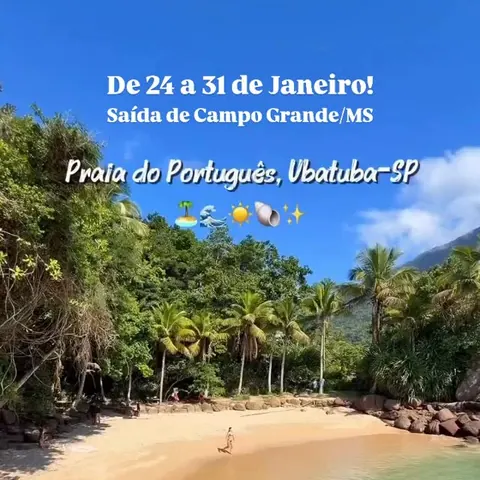 Post da Luni: Praia do Português, Ubatuba, com o texto De 24 a 31 de janeiro, saída de Campo Grande/MS